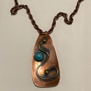 Vintage MCM Copper chain and pendent w/ blue glass